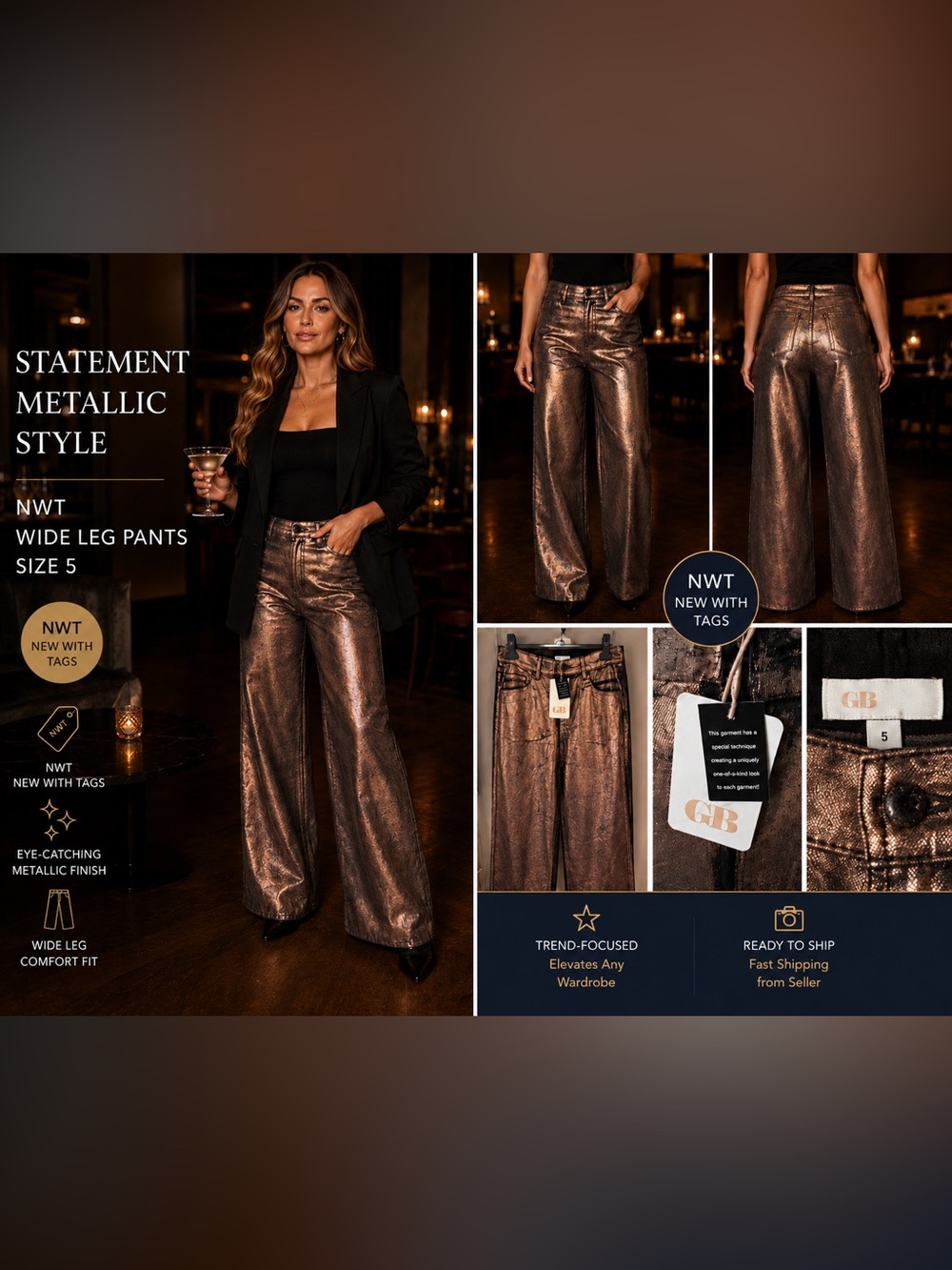 GB Metallic Bronze Wide Leg Pants NWT Glam Statement Jeans - Picture 2 of 13